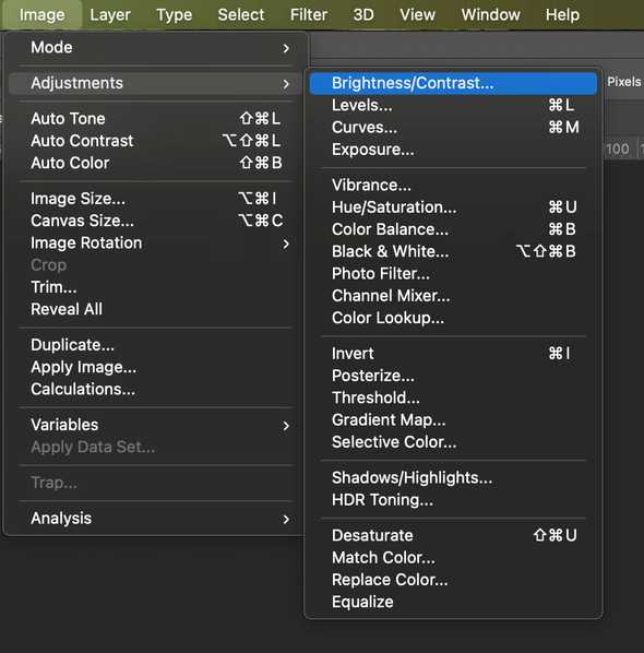 Brightness/Contrast menu in Photoshop